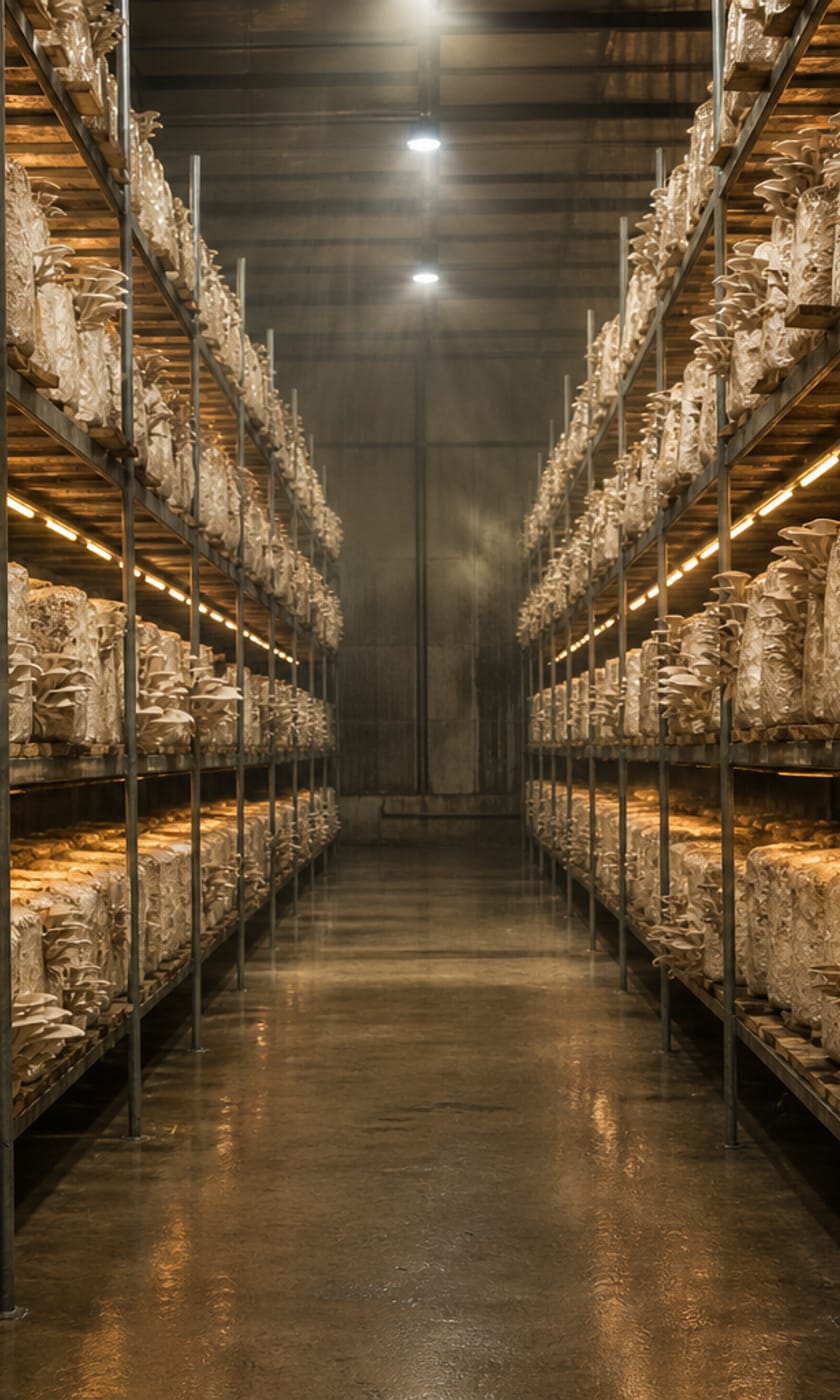 Cogumelos ostra brotando em galpão climatizado