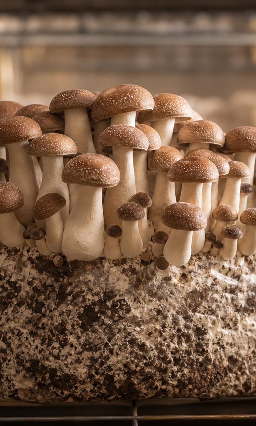 Bloco de cultivo com cogumelos frescos prontos para colheita