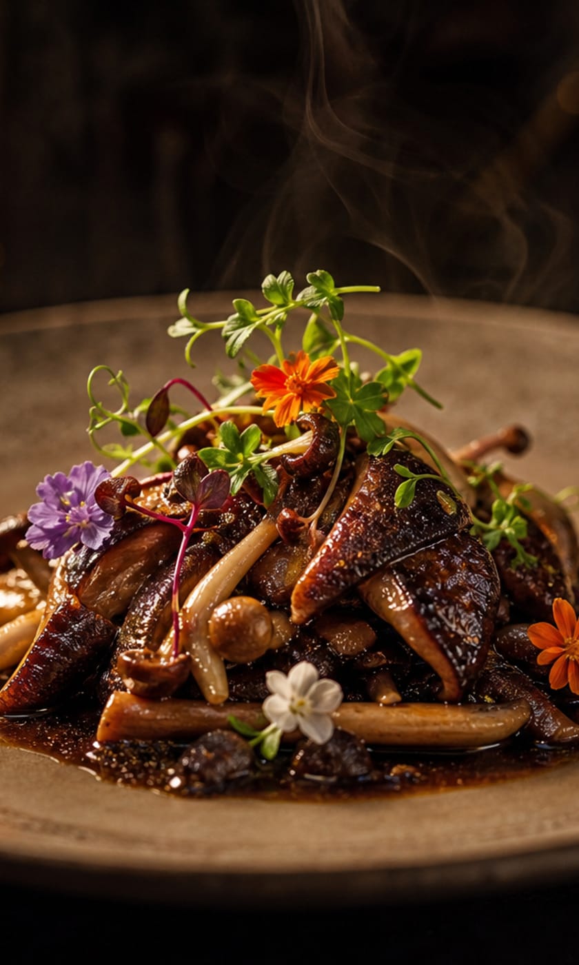 Cogumelos em prato de alta gastronomia