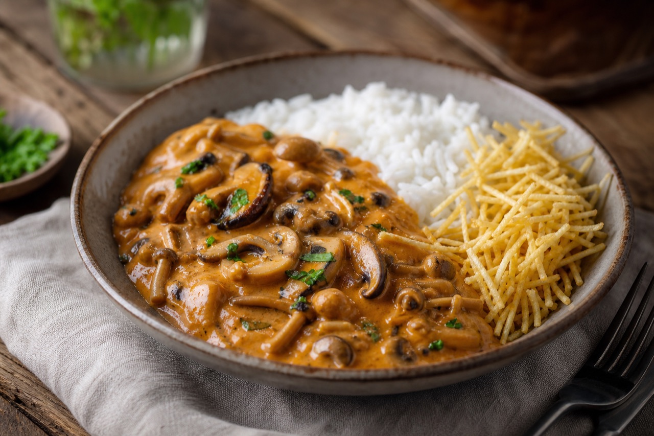 Estrogonofe cremoso de cogumelos servido com arroz branco e batata palha