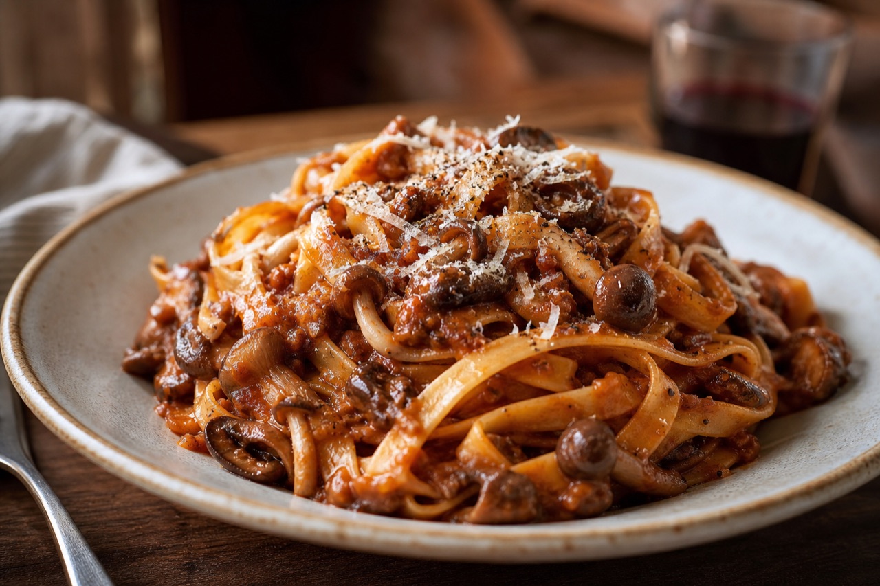 Tagliatelle ao ragù de cogumelos com parmesão ralado e pimenta-do-reino