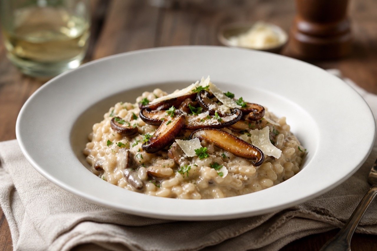 Risoto cremoso de shiitake com lascas de parmesão e salsinha em prato fundo branco