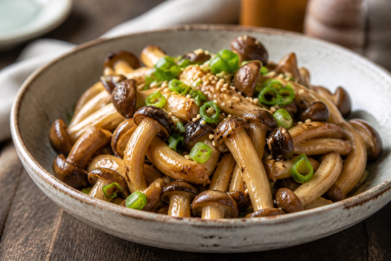 Shimeji salteado na manteiga com shoyu, cebolinha e gergelim em bowl de cerâmica